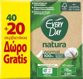 EveryDay Natura Normal All Cotton 60τμχ. (40+20τμχ. ΔΩΡΟ) – Σερβιετάκια Κανονικού Μεγέθους Καθημερινής Προστασίας