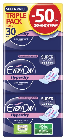 EveryDay Hyperdry Super Ultra Plus Triple Pack -50% 30τμχ. (3×10τμχ.) – Σερβιέτες Μεγάλου Μήκους με Φτερά