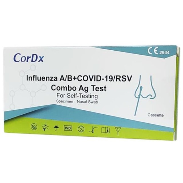 CorDx Rapid Test Quad A/B & Covid -19/ RSV Combo Ag Test – Πιστοποιημένο Αυτοδιαγνωστικό Ρινικό Τεστ Ταχείας Ανίχνευσης Αντιγόνων Covid – Γρίπης Τύπου Α/Β & RSV 1τμχ.