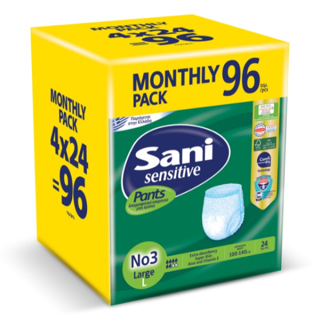 Sani Pants Sensitive Νο3 Large 96τμχ. (4×24τμχ.) Monthly Pack – Ελαστικό Εσώρουχο Ακράτειας