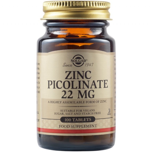 Solgar Zinc Picolinate 22mg 100 Ταμπλέτες – Συμπλήρωμα διατροφής με Ψευδάργυρο