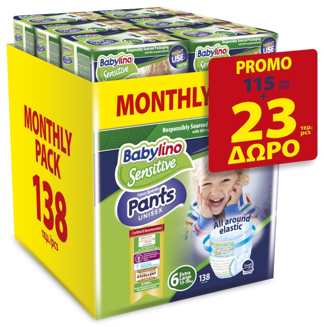 Babylino Pants Unisex No6 Extra Large (13-18 kg) Monthly Pack 138τμχ. (115τμχ. + 23τμχ. ΔΩΡΟ) – Βρεφικές Πάνες Βρακάκι