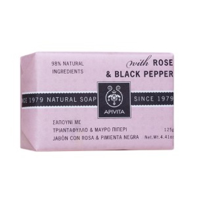 Apivita Natural Soap Rose & Black Pepper 125g - Με Τριαντάφυλλο & Μαύρο Πιπέρι για Τοπικό Πάχος & Κυτταρίτιδα