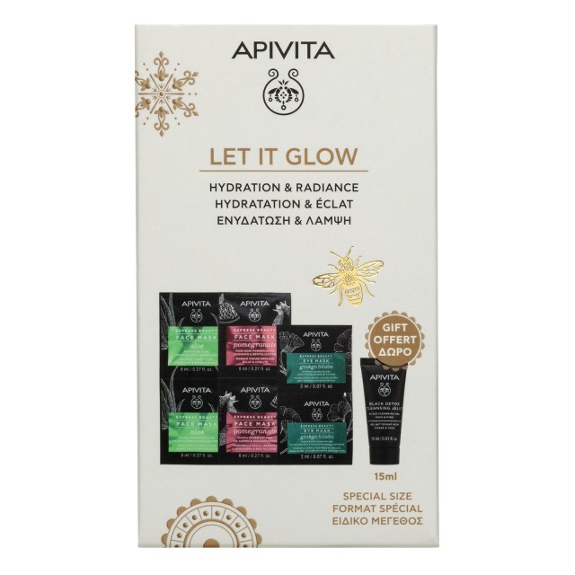 Apivita Promo Let it Glow - Mάσκα Προσώπου Αλόη 2x8ml + Mάσκα Προσώπου Ρόδι 2x8ml + Mάσκα Ματιών Ginkgo Biloba 2x2ml + Μαύρο gel Καθαρισμού 15ml