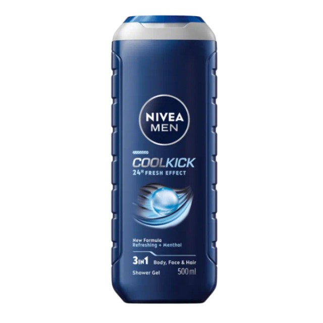 Nivea Men Cool Kick  24h Fresh 3in1  Shower Gel  500ml -  Ανδρικό Αφρόλουτρο 3σε1 Σώμα, Πρόσωπο & Μαλλιά