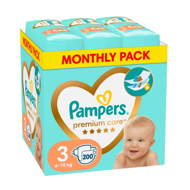 Pampers Premium Care No 3 (6-10 Kg) Monthly Pack 200 τμχ.