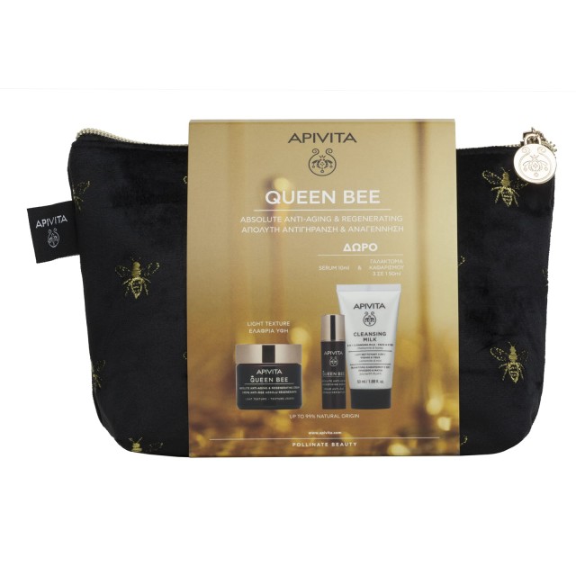 Apivita Promo Queen Bee Light Texture – Κρέμα Αντιγήρανσης & Αναγέννησης Ελαφριάς Υφής 50ml με Δώρο Γαλάκτωμα 3σε1 για Πρόσωπο & Μάτια 50ml & Μίνι Ορός Αντιγήρανσης & Ανόρθωσης Περιγράμμματος 10ml