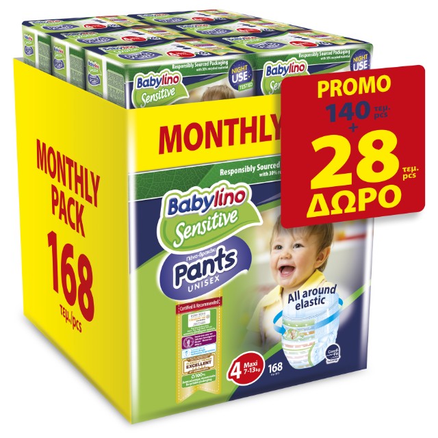 Babylino Pants Unisex No4 (7-13kg) Monthly Pack 168τμχ. (140τμχ. + 28τμχ. ΔΩΡΟ) – Βρεφικές Πάνες Βρακάκι