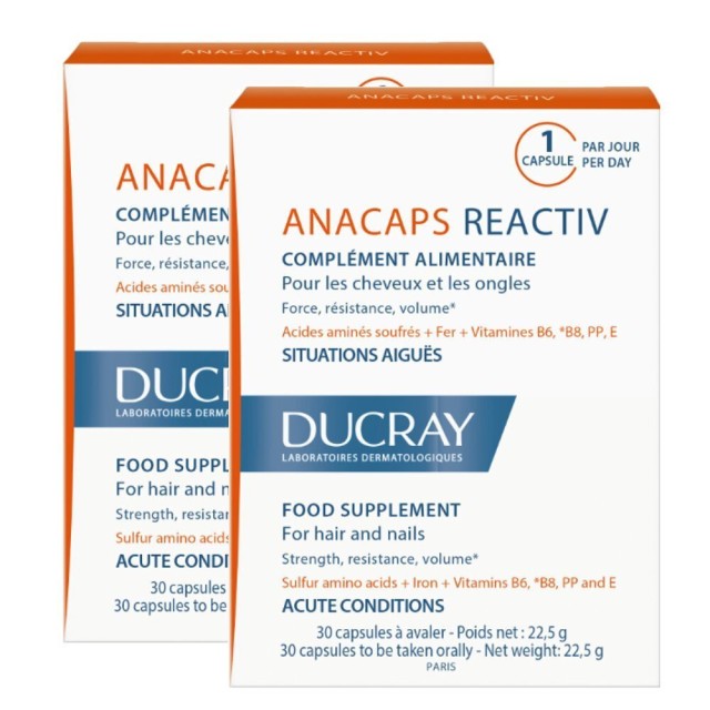 Ducray Promo Anacaps Reactiv 30 + 30 κάψουλες -20% – Δυναμωτικό Συμπλήρωμα Διατροφής Μαλλιών & Νυχιών