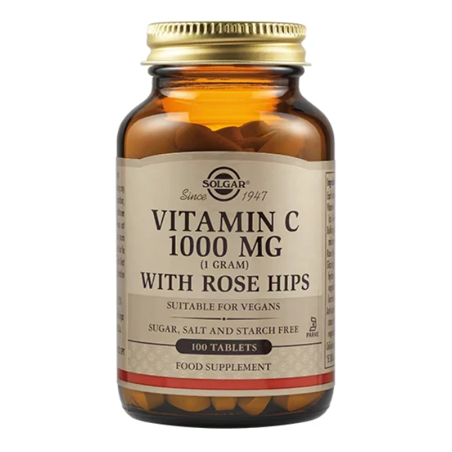 Solgar Vitamin C with Rose Hips 1000mg 100 tablets - Dietary supplement with Vitamin C from rosehip fruit