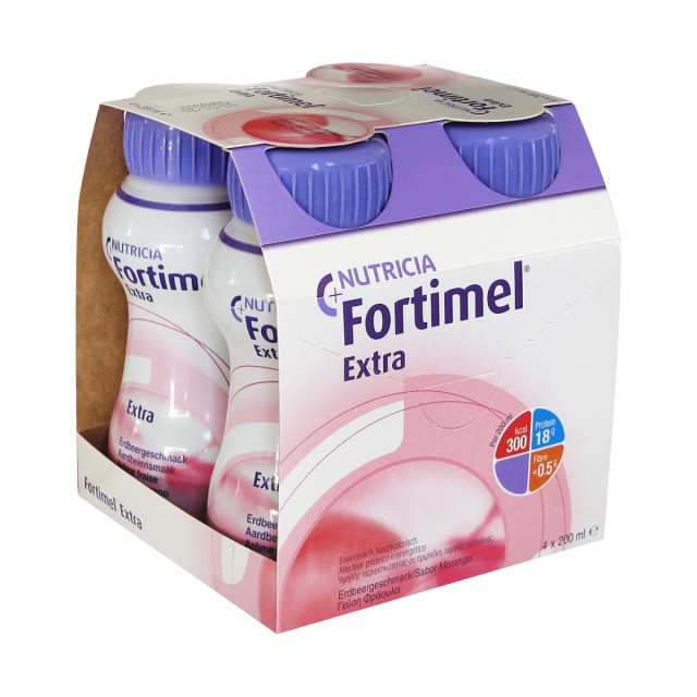 Nutricia Fortimel Extra Strawberry 4x200ml – Θρεπτικό Συμπλήρωμα Διατροφής Πλούσιο σε Πρωτεΐνες με Γεύση Φράουλα