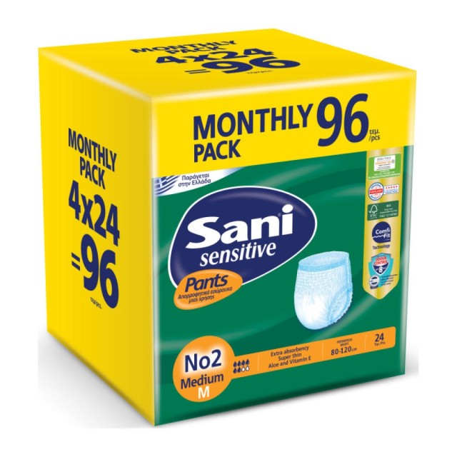 Sani Pants Sensitive Νο2 Medium 96τμχ. (4×24τμχ.) Monthly Pack – Ελαστικό Εσώρουχο Ακράτειας
