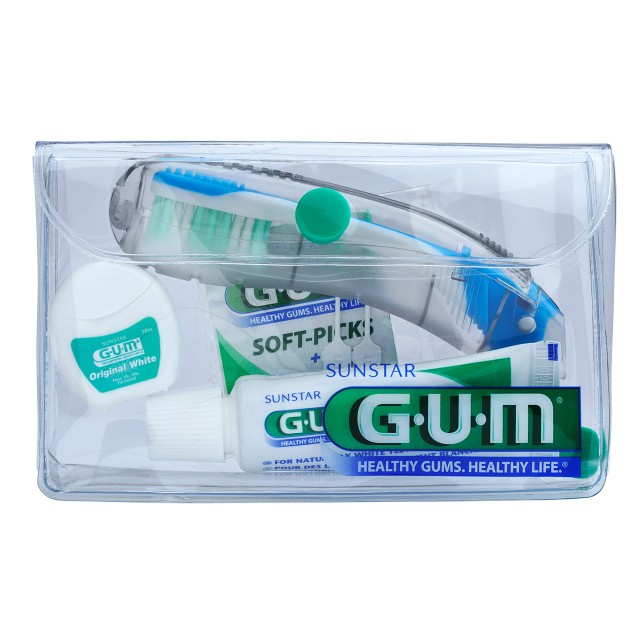 Gum Travel Kit Brush 156 - Σετ Ταξιδιού με Οδοντόβουρτσα, 1τεμ, Οδοντόκρεμα, 12.5ml, Οδοντικό Νήμα, 10m & Μεσοδόντια Βουρτσάκια Καουτσούκ, 2τεμ