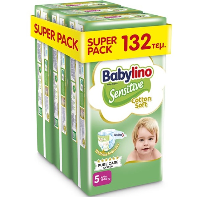 Babylino Super Pack Sensitive Cotton Soft No5 11-16kg - Βρεφικές Πάνες 132τεμ