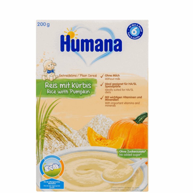 Humana Κρέμα με Ρυζάλευρο και Κολοκύθα – Χωρίς Γάλα, μετά τον 6ο μήνα 200gr