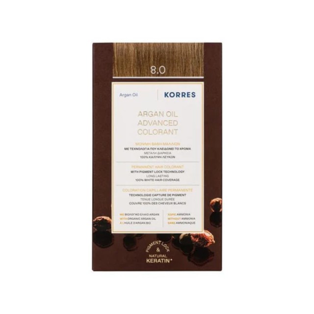 Korres Argan Oil Advanced Colorant 8.0 50ml - Ανοιχτό Ξανθό Μόνιμη Βαφή Μαλλιών
