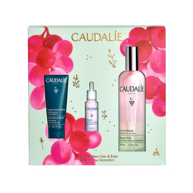 Caudalie Prep & Glow Bestsellers Trio - Instant Detox Mask 15ml, Brightening Dark Spot Serum 10ml, Beauty Elixir 100ml