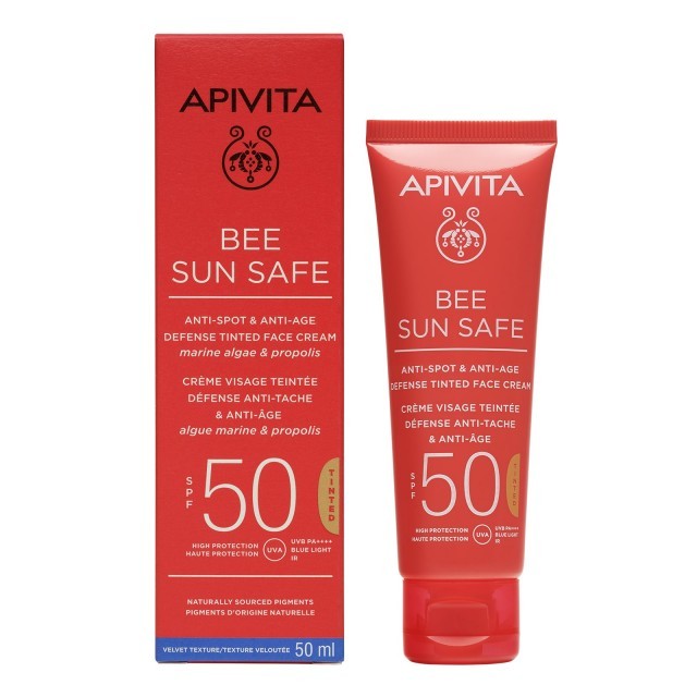 Apivita Bee Sun Safe Anti-Spot & Anti-Age Defense Face Cream Tinted SPF50 50ml - Αντηλιακή κρέμα προσώπου κατά των πανάδων και των ρυτίδων με χρώμα