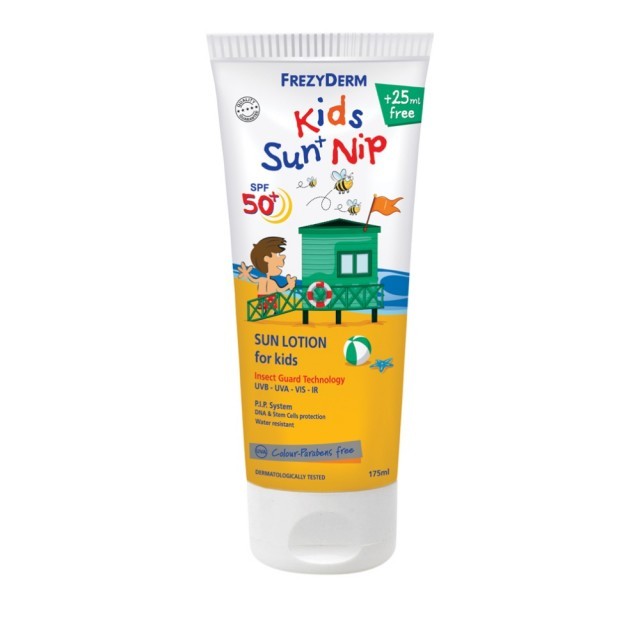 Frezyderm kids Sun + Nip 175ml + 25ml ΔΩΡΟ –  Παιδικό αντηλιακό γαλάκτωμα με προστασία από τα έντομα της παραλίας