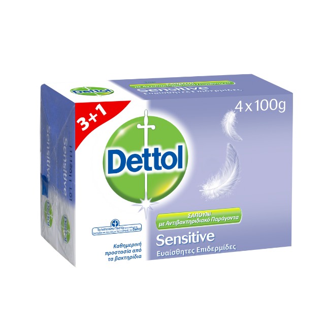 Dettol Sensitive 3+1 Hard on Dirt 4x100g – Μπάρες Σαπουνιού με Αντιβακτηριδιακή Δράση