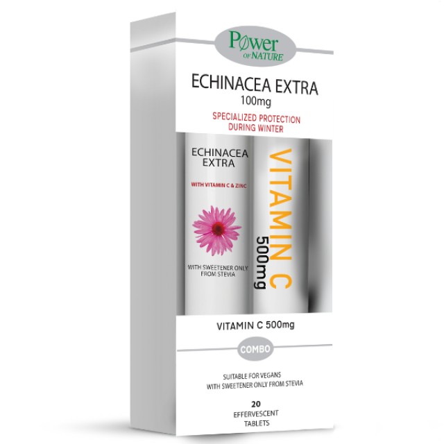 Power of Nature Echinacea Extra 100mg 20eff + Vitamin C 500mg 20eff - Συμπλήρωμα Διατροφής με Εχινάτσεα, Βιταμίνη C και Ψευδάργυρο, Με γεύση Λεμόνι