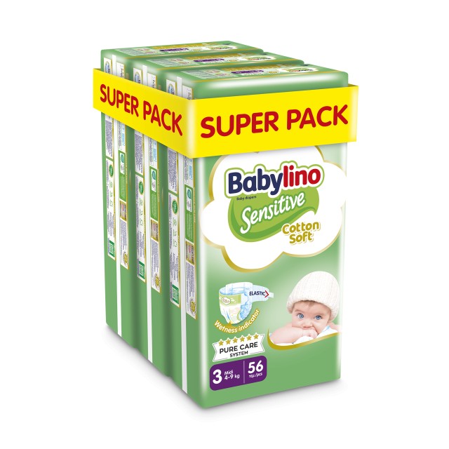 Babylino Sensitive Cotton Soft Βρεφική πάνα No3 (4-9 Kg) Super Pack 168 τμχ (3X56)