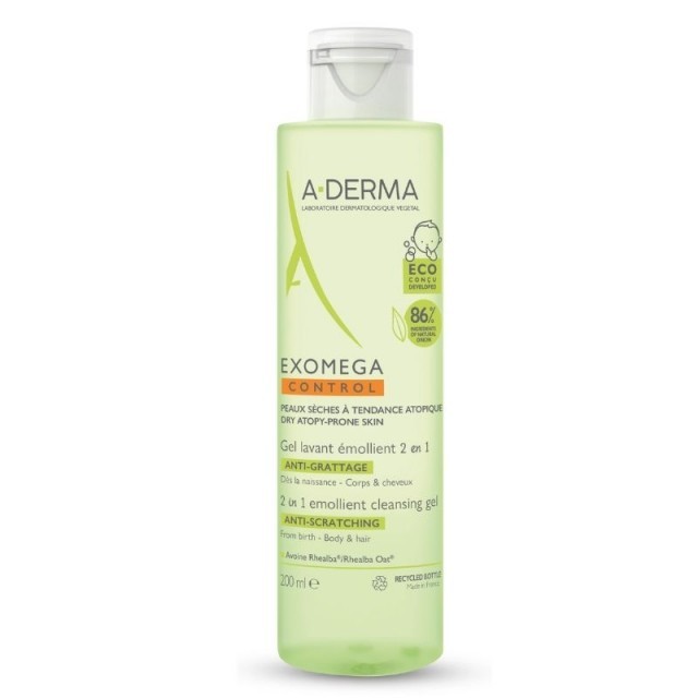A-Derma Exomega Control Emollient Cleansing Gel Anti-Scratching 200ml - Gel Καθαρισμού για σώμα και μαλλιά