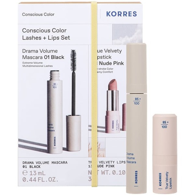 Korres Conscious Color Set Drama Volume Μάσκαρα για Μήκος & Όγκο 13ml & True Velvety Κραγιόν 13 Nude Pink 3g