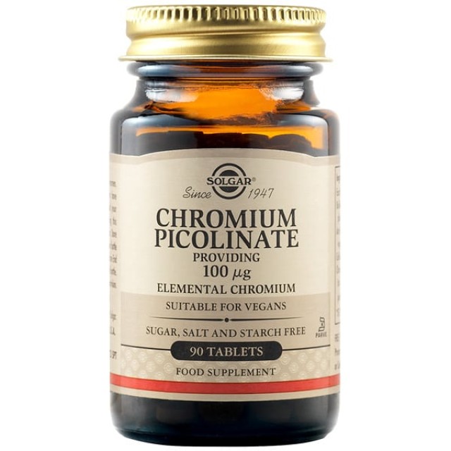 Solgar Chromium Picolinate 100μg 90 ταμπλέτες – Συμπλήρωμα Διατροφής από Πικολινικό Χρώμιο για Έλεγχο του Σακχάρου στο Αίμα 