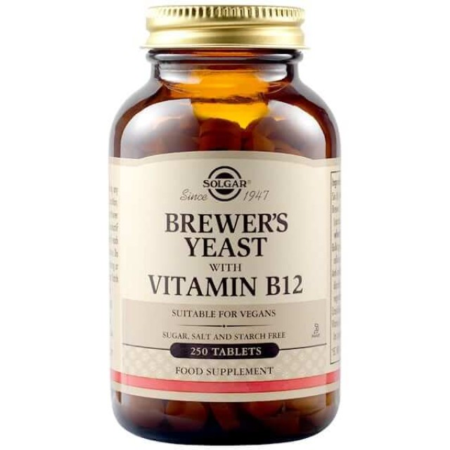 Solgar Brewer’s Yeast with Vitamin B12 500mg 250tabs – Συμπλήρωμα Διατροφής από Φυσική Μαγιά Μπύρας σε Συνδυασμό με Βιταμίνη Β12