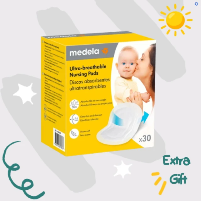 С покупката на подплънки за гърди Medela 60 бр., получавате допълнителни 30 бр. като подарък.